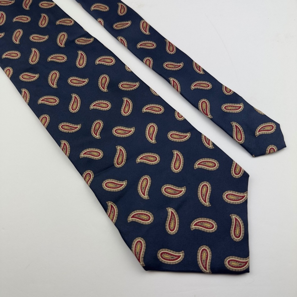 Milano Mens Navy Blue Red Gold Paisley Silk Tie Hand Made Milano Italy Academia